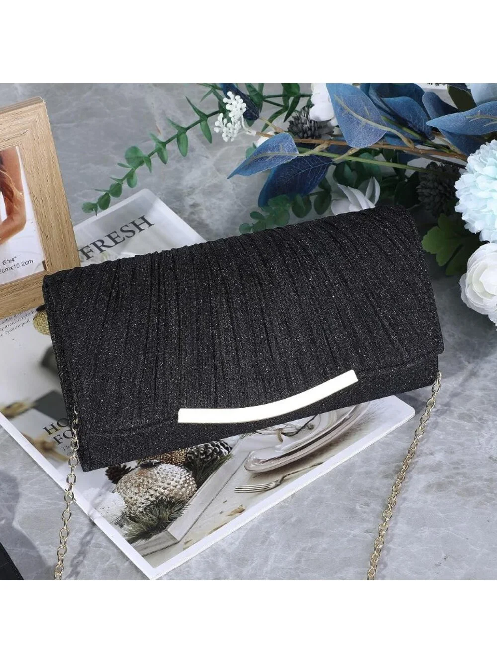 Women's Black B Glitter Clutch Purse Formal Evening Bag Wedding Party Handbag